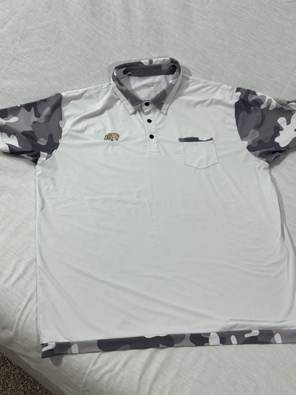 Chippopotamus Golf Men's White Polo with Gray Camo-Trim Collar and Pocket